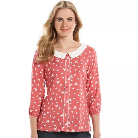 Disney LC Lauren Conrad Pink Polka Dot Mickey Minnie Mouse Top Blouse - Picture 1 of 8